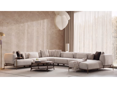 Sidart Home: tül perdeli salonda açık gri geniş köşe koltuk