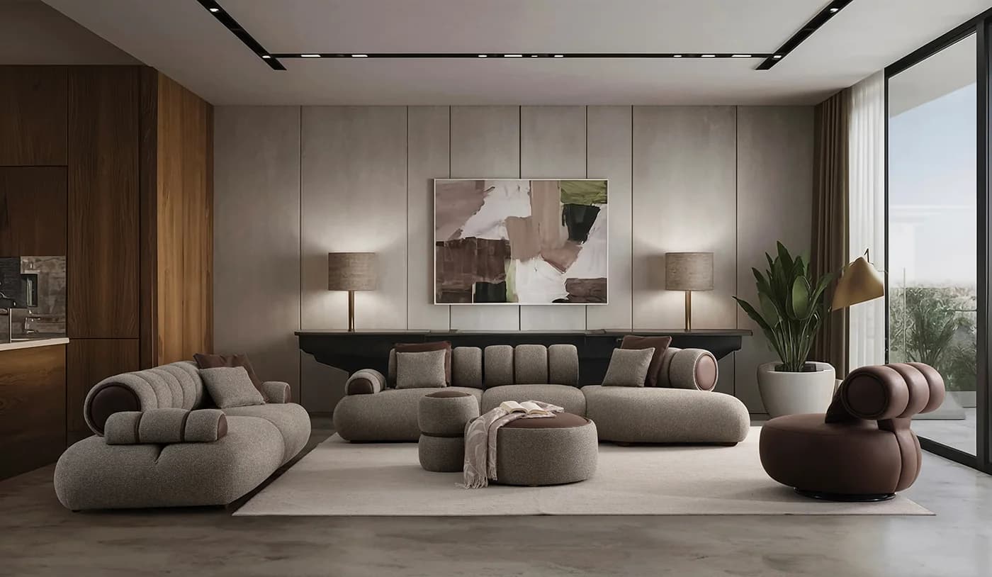 Mianka Home: modern salonda gri kanepeler, puflar ve kahverengi berjer