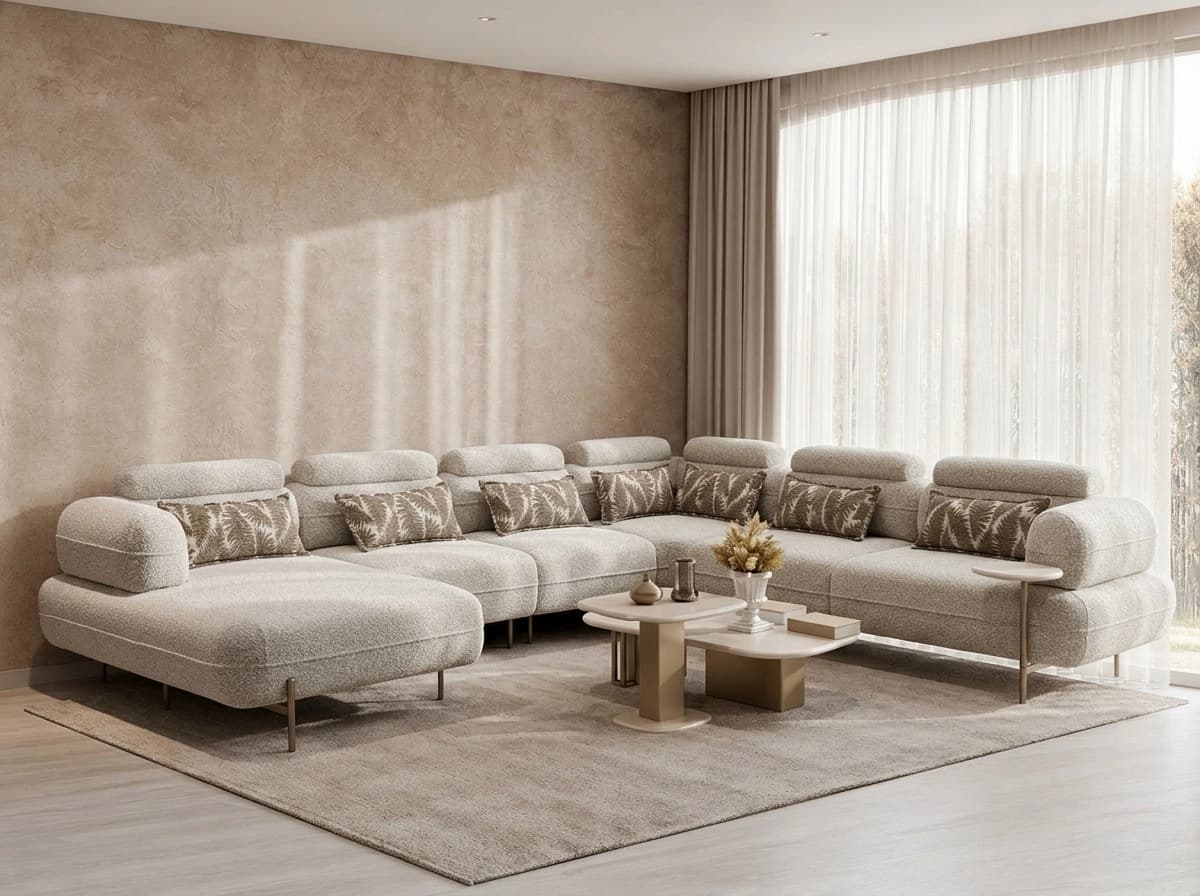 Sidart Home: bej duvarlı salonda bukle kumaş köşe koltuk takımı ve orta sehpalar